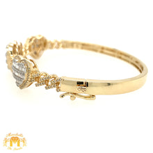 Load image into Gallery viewer, Gold 3 Hearts Cuff Bracelet with natural baguette and round diamonds