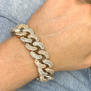 14k Tri-color Gold 20mm Fancy Cuban Link Diamond Bracelet (baguette diamonds, box clasp)
