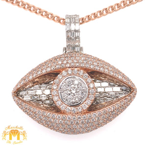 7.31ct Baguette and Round Diamond 14k Rose Gold Large Evil Eye Pendant and Gold Cuban Link Chain Set