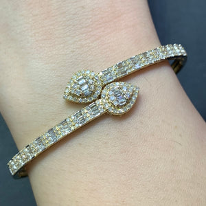 Gold and Diamond Twin Pears Cuff Bracelet with baguette and round diamonds