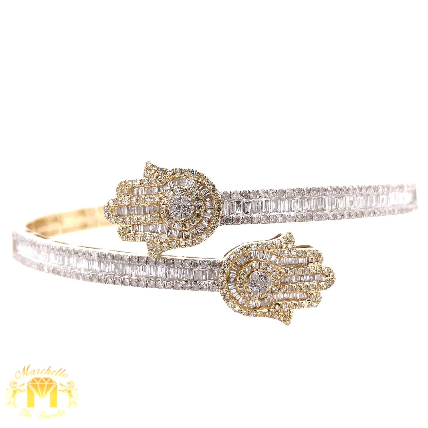 Gold and Diamond Twin Hamsas Ladies' Bangle Bracelet with baguette and round diamonds