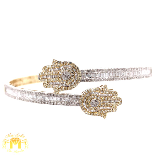 Gold and Diamond Twin Hamsas Ladies' Bangle Bracelet with baguette and round diamonds