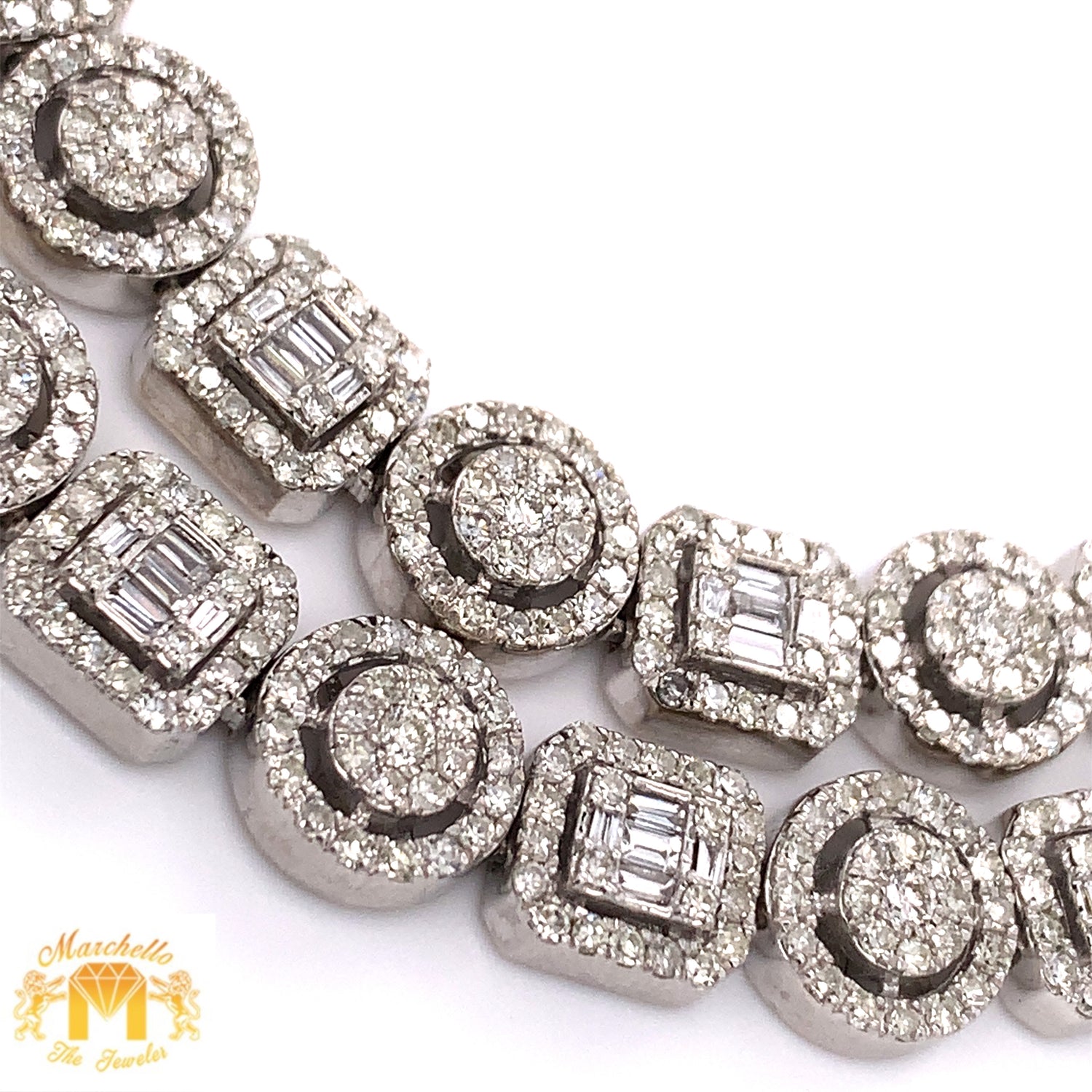 14k White Gold Fancy Chain with Baguette & Round Diamond (square and round links)