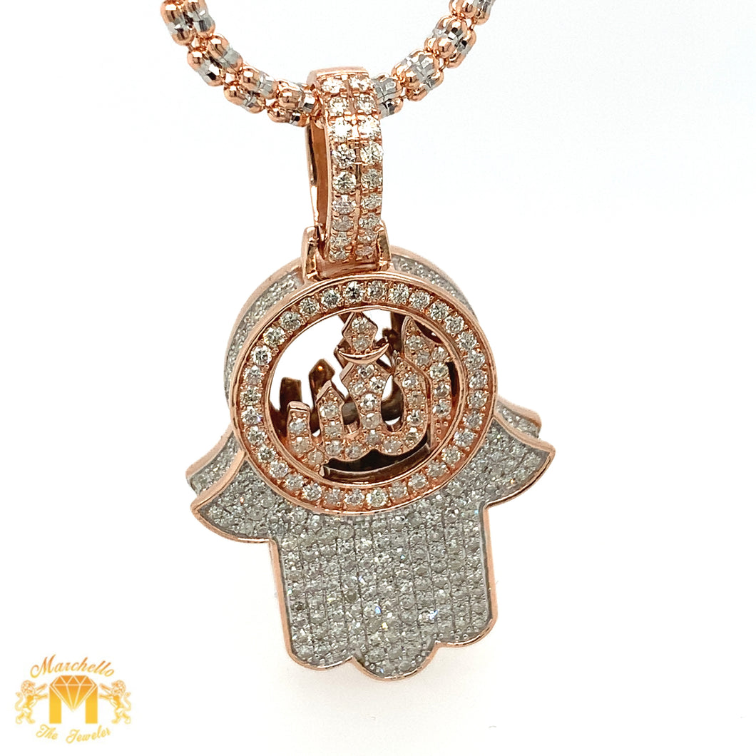 14k Gold 3D Hamsa Allah Diamond Pendant and Gold 2mm Ice Link Chain (choose your color)