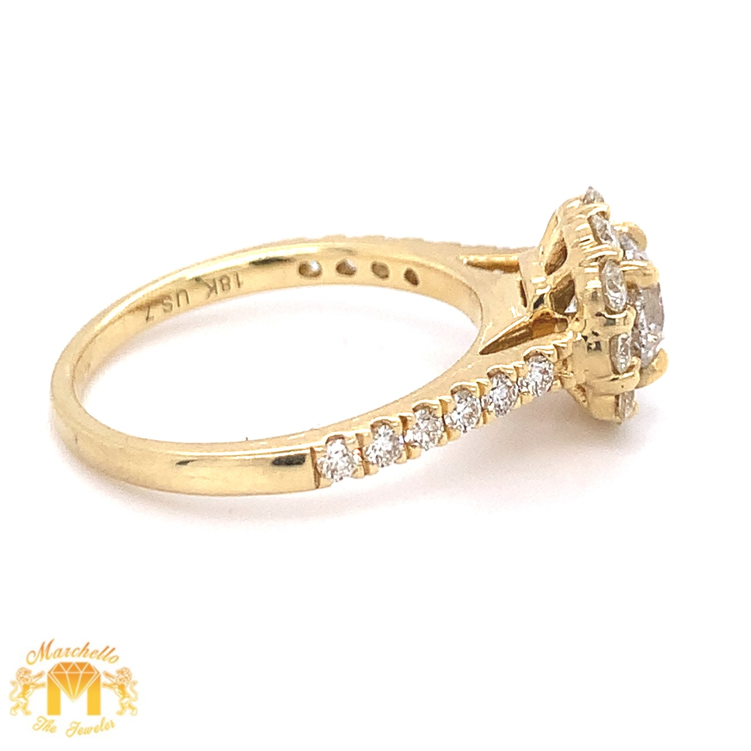 18k Yellow Gold Engagement Ring with Round Diamond  (flower halo, 1ct center stone)