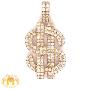 14k Gold Dollar Sign Pendant with Round Diamond and Gold Cuban Chain Set