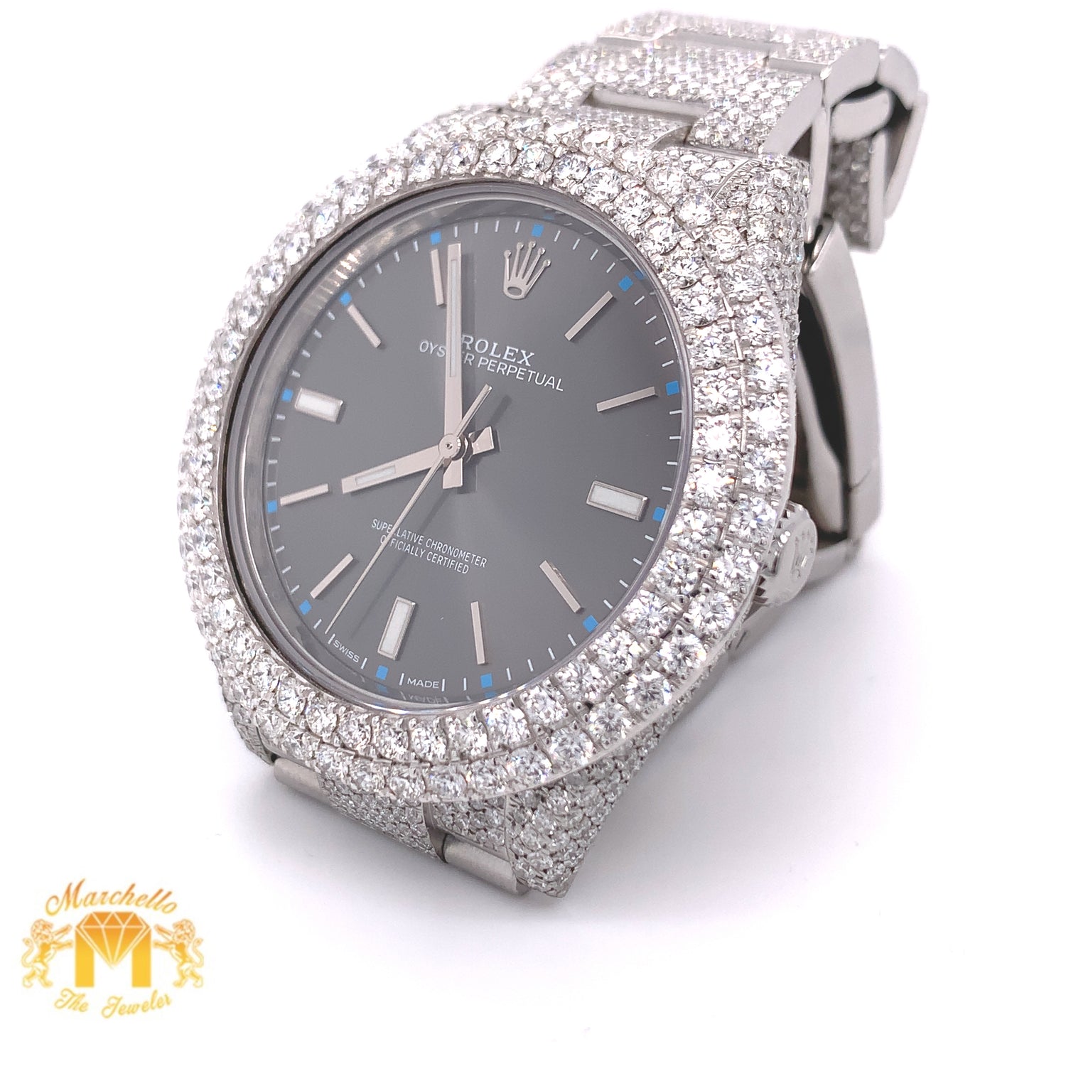 Iced Out Rolex Oyster Perpetual Diamond Watch with Stainless Steel Oyster Bracelet (39 mm, gray dial)