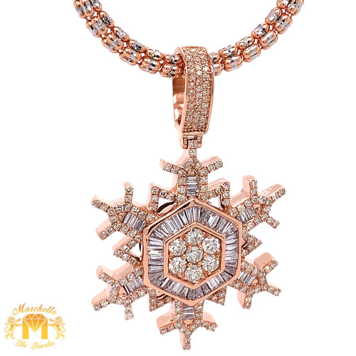 14k Gold Snowflake Pendant with baguette and round diamonds & Gold Ice Link Chain