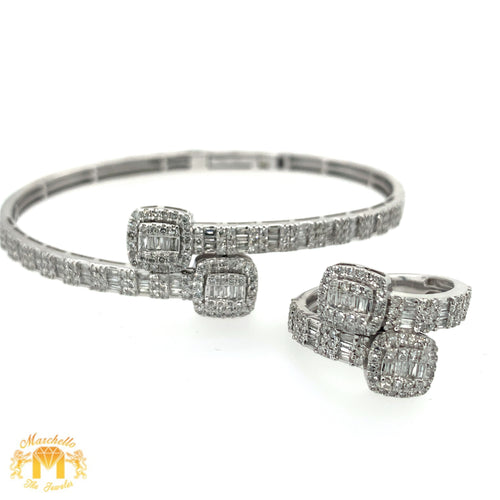 White Gold and Diamond Twin Squares Cuff Bracelet and Ring Set