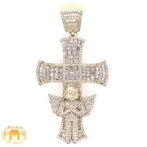 Gold and Diamond Angel on a Cross Pendant and Miami Cuban Link Chain Set