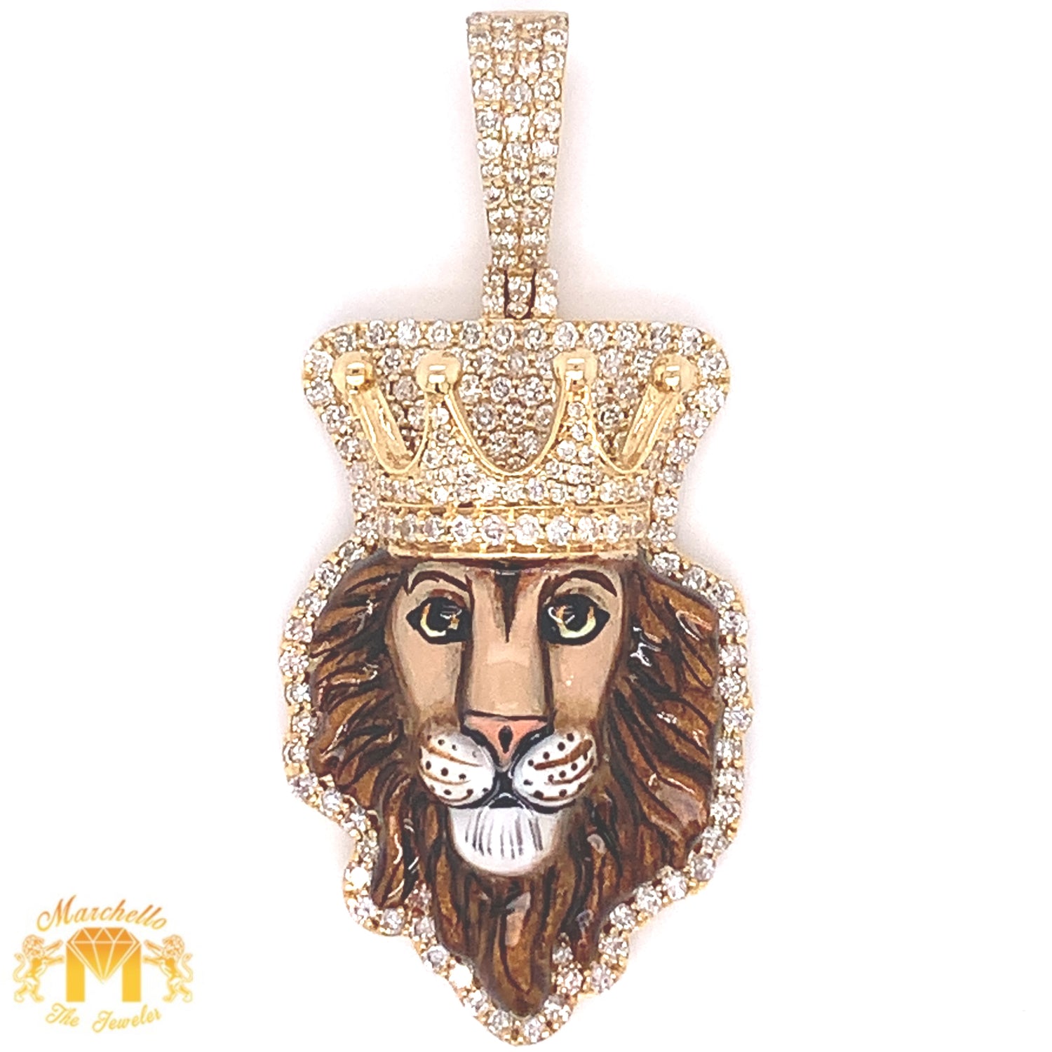 14k Gold Enamel Lion Head Diamond Pendant, Gold Cuban Link Chain