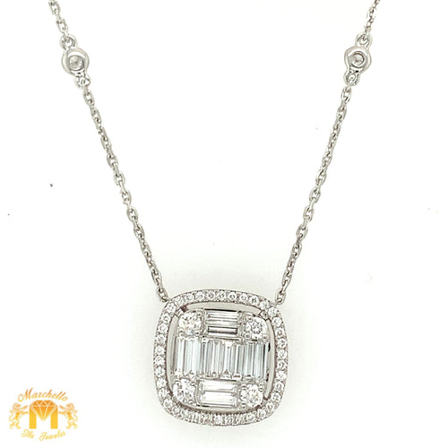 18k White Gold Square Ladies' Pendant with Diamond on a Dainty Rolo Chain (large VVS baguettes)