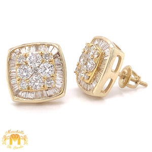 14k Yellow Gold Square Earrings with baguette and round diamonds