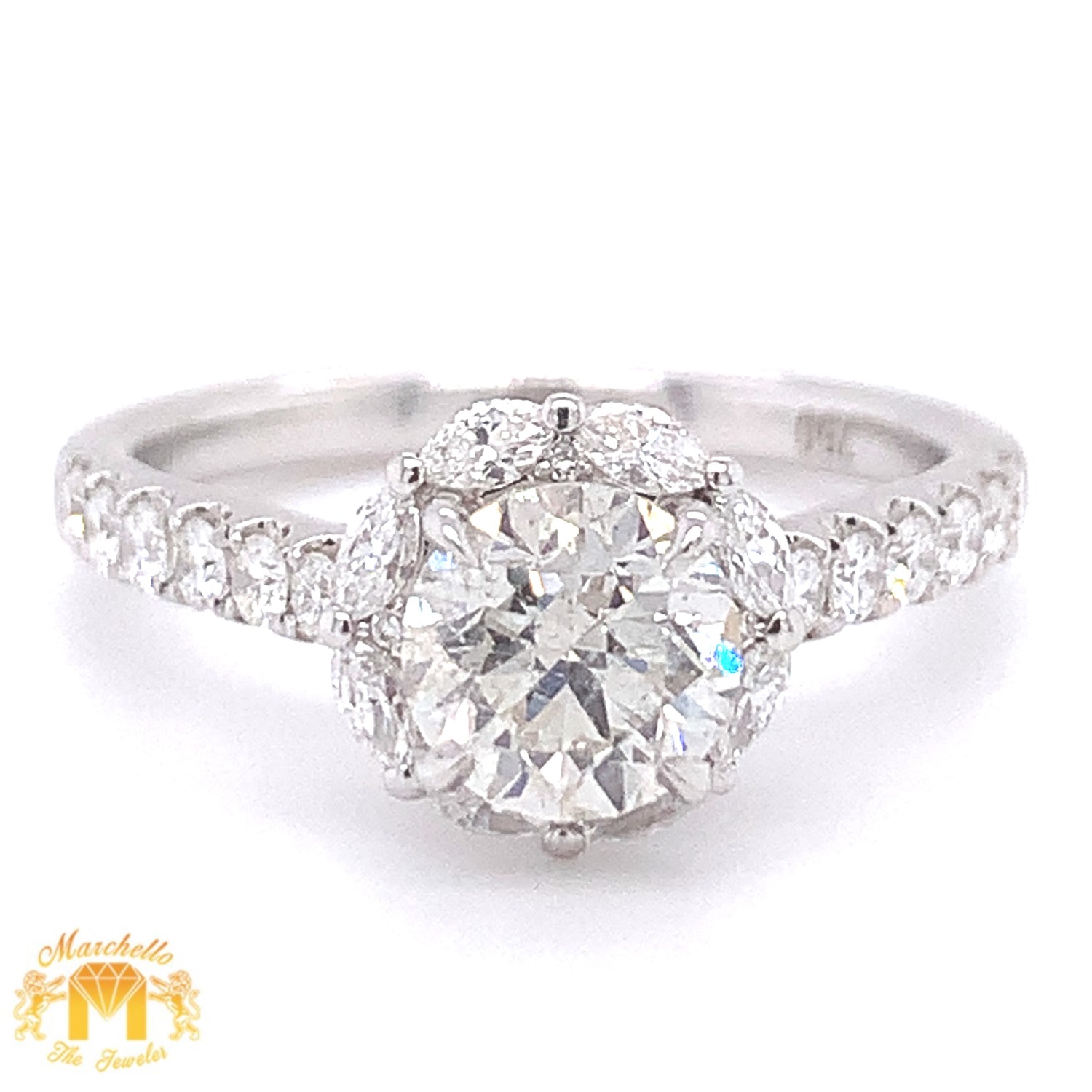 18k White Gold Engagement Ring with Round Diamond  (limited marquis halo, 1.09ct center stone)