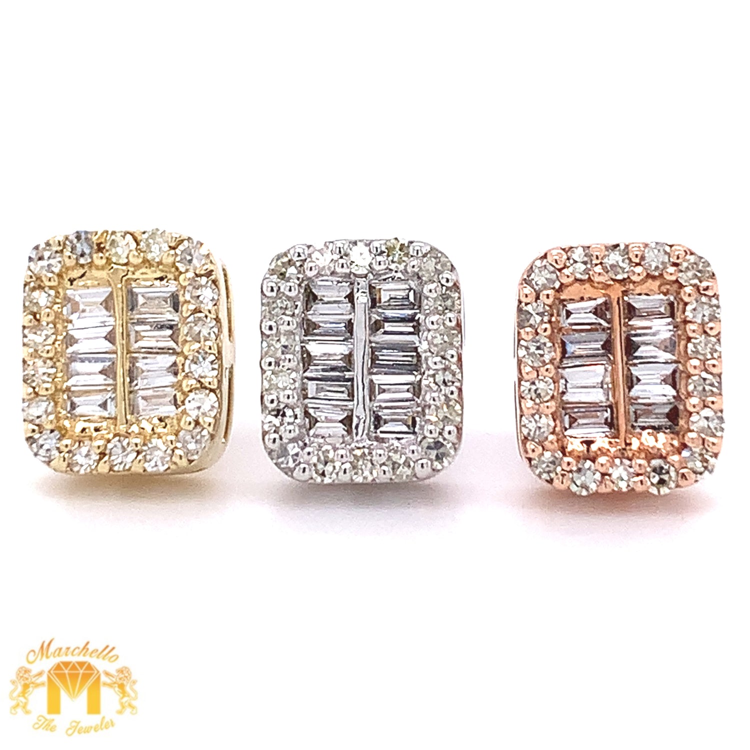 Baguette and Round Diamond 14k Gold Elongated Square Earrings