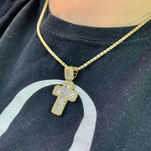 Two-tone Gold and Diamond Boxy Cross Pendant with with 2mm Ice Chain Set (choose your size)
