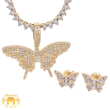 Load image into Gallery viewer, 14k Gold Butterfly Diamond Charm, Tennis Chain, and Buttefly Earrings Set (1 pointers chain)