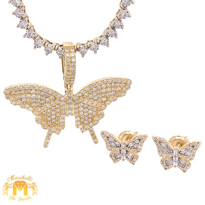 14k Gold Butterfly Diamond Charm, Tennis Chain, and Buttefly Earrings Set (1 pointers chain)