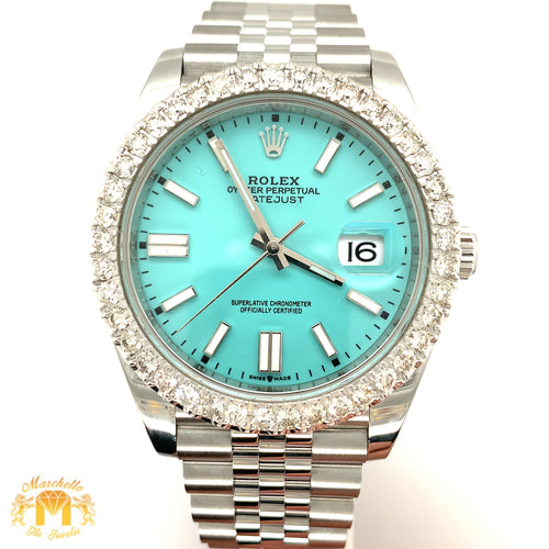 4ct Diamond 41mm Rolex Datejust 2 Watch with Stainless Steel Jubilee Bracelet (custom azur blue dial, papers, 2021)