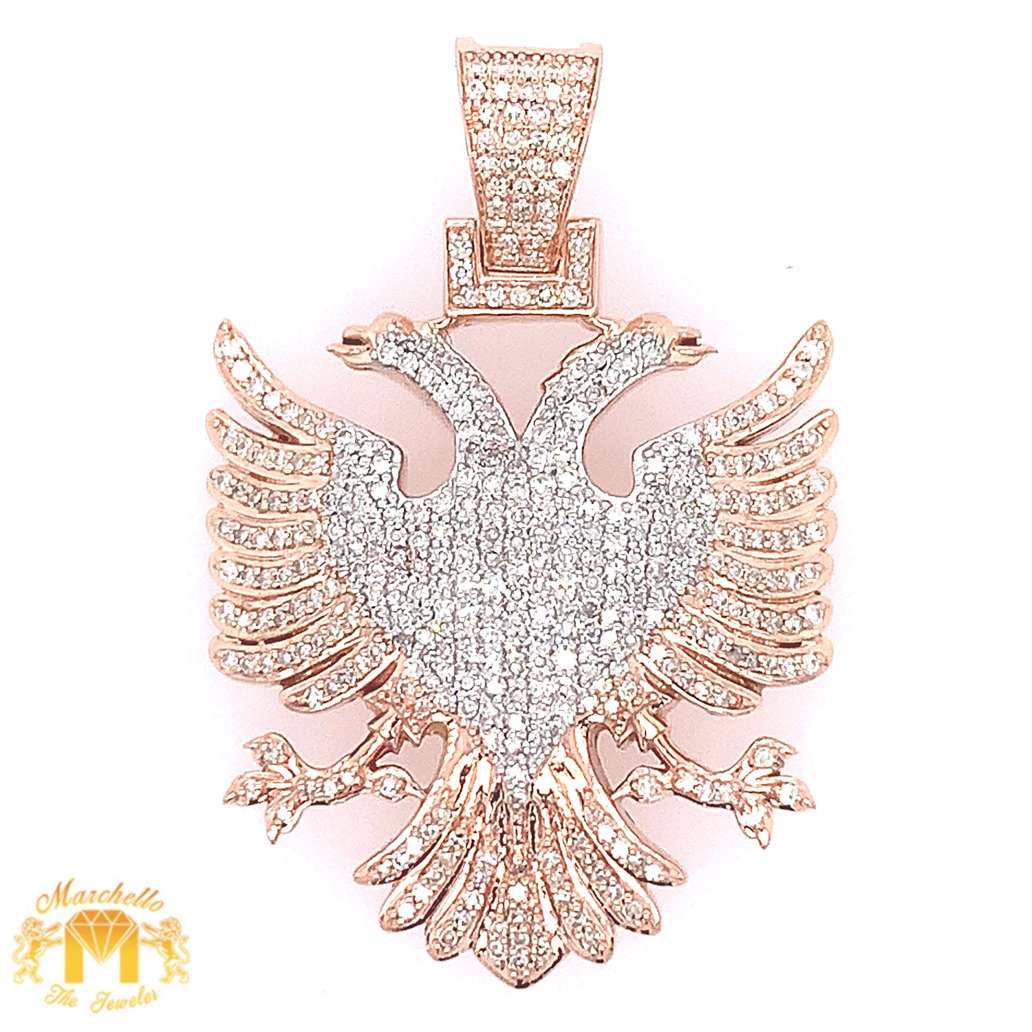 14k Gold Large Two-Headed Eagle Diamond Pendant and Gold Cuban Link Chain (solid back)
