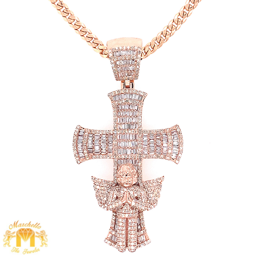Gold and Diamond Angel on a Cross Pendant and Miami Cuban Link Chain Set