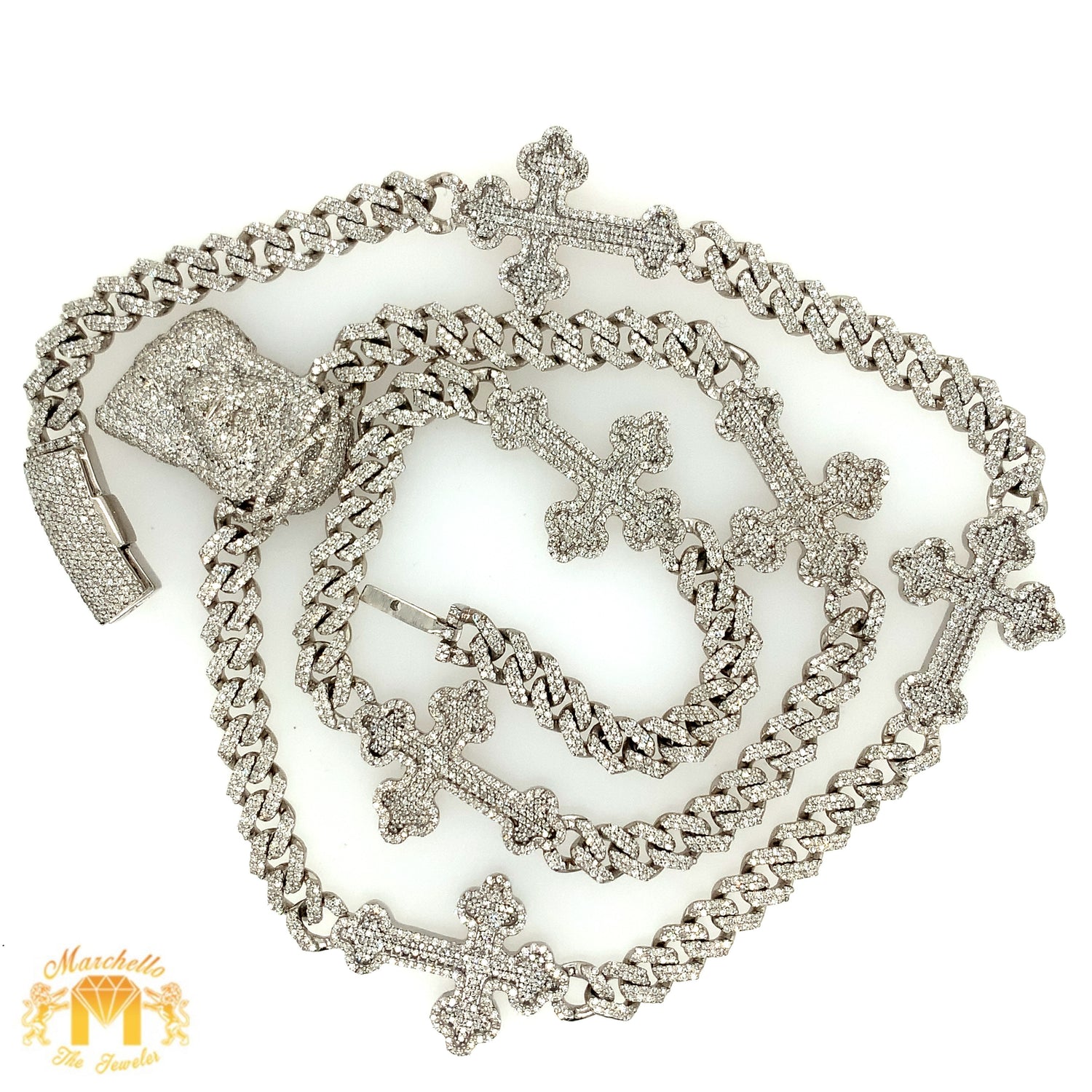 7.26ct Diamond and White Gold Jesus Face Necklace with 6 Crosses (solid, box clasp)