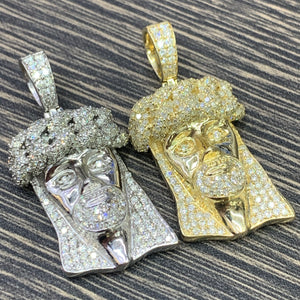 14k Gold 3D Jesus Pendant with Round Diamond and Gold Cuban Link Chain Set (solid pendant)