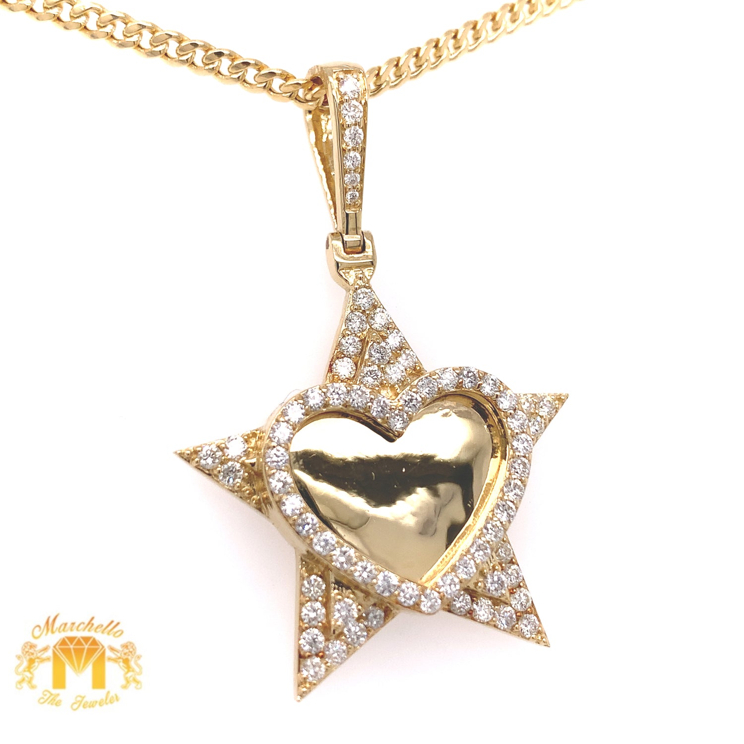 14k Gold Custom Star and Heart Memory Picture Diamond Pendant with a 14k Gold Cuban Link Chain Set
