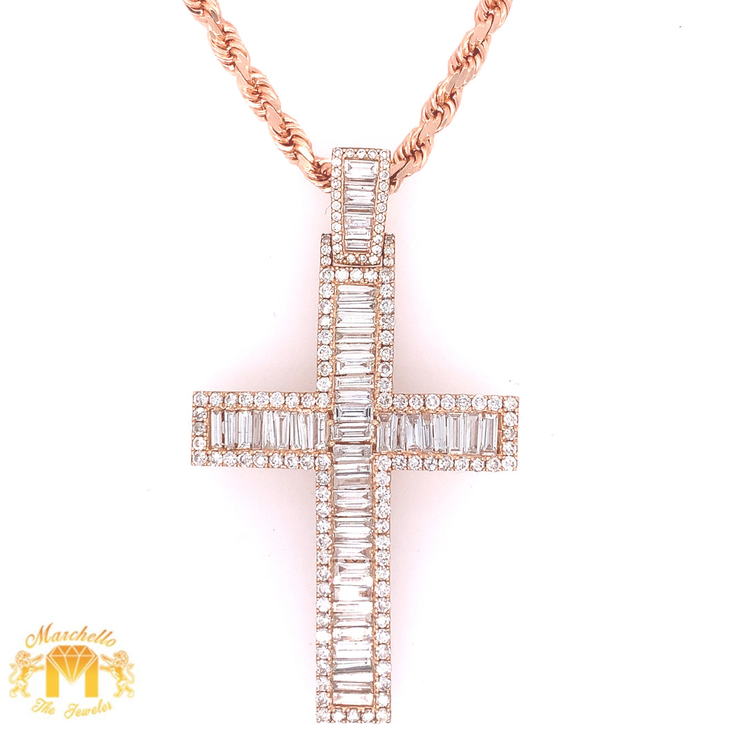 5ct Diamond 14k Rose Gold Extra Large Cross Pendant and Solid 14k Rose Gold Rope Chain