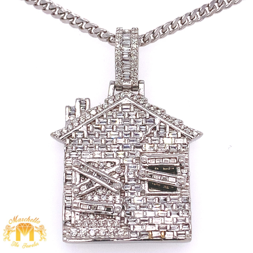 14k White Gold House Pendant with Baguette and Round Diamond and 10k White Gold Cuban Link Chain