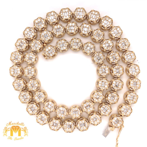 14k Gold 9.3mm Round Link Necklace Chain with Baguette and Round Diamond