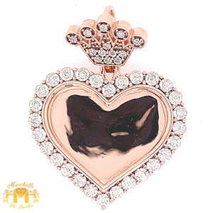 Gold and Diamond Heart Shaped Memory Picture Pendant and Gold Cuban Link Chain (solid back, crown shaped bail)