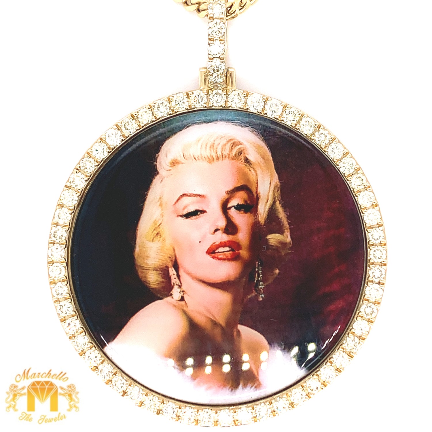 14k Gold XXL Memory Picture Pendant and Gold Chain Set with  Round Diamond (Solid Back)