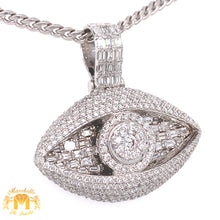 Load image into Gallery viewer, 14k White Gold Large Evil Eye Pendant with Emerald-Cut and Round Diamonds &amp; White Gold Cuban Link Chain Set