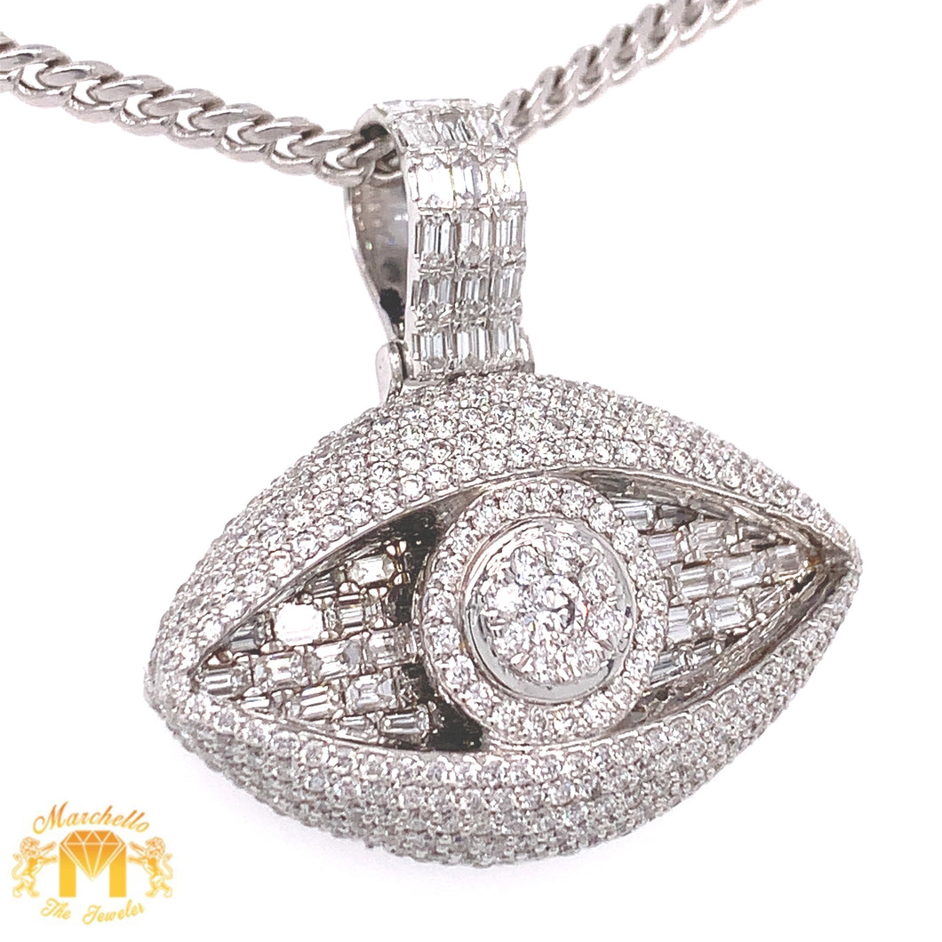 14k White Gold Large Evil Eye Pendant with Emerald-Cut and Round Diamonds & White Gold Cuban Link Chain Set