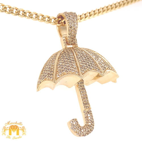 14k Gold Solid Umbrella Diamond Pendant and 14k Gold Cuban Link Chain Set