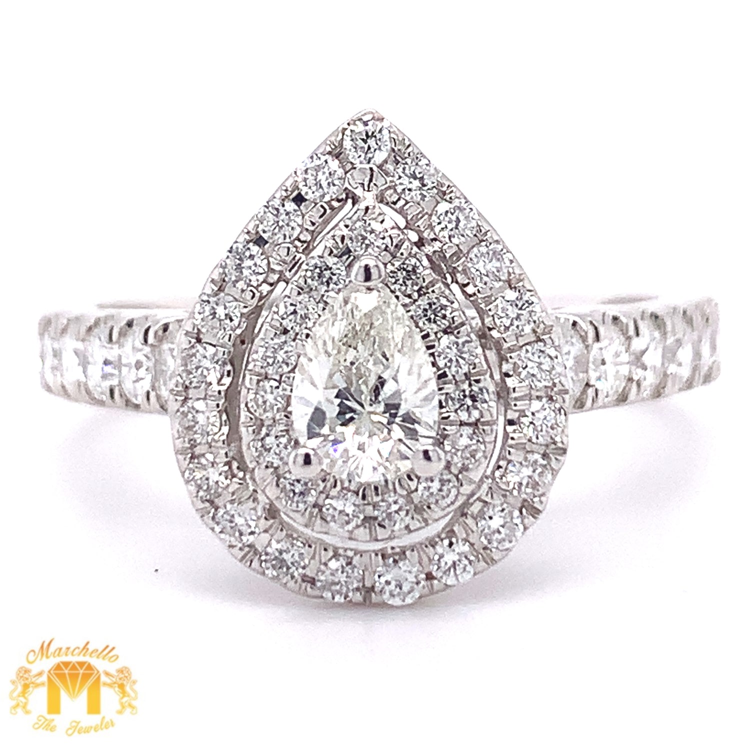14k Gold Double Halo Pear-Shaped Engagement Diamond Ring (pear-shaped solitaire center)  (choose your color)