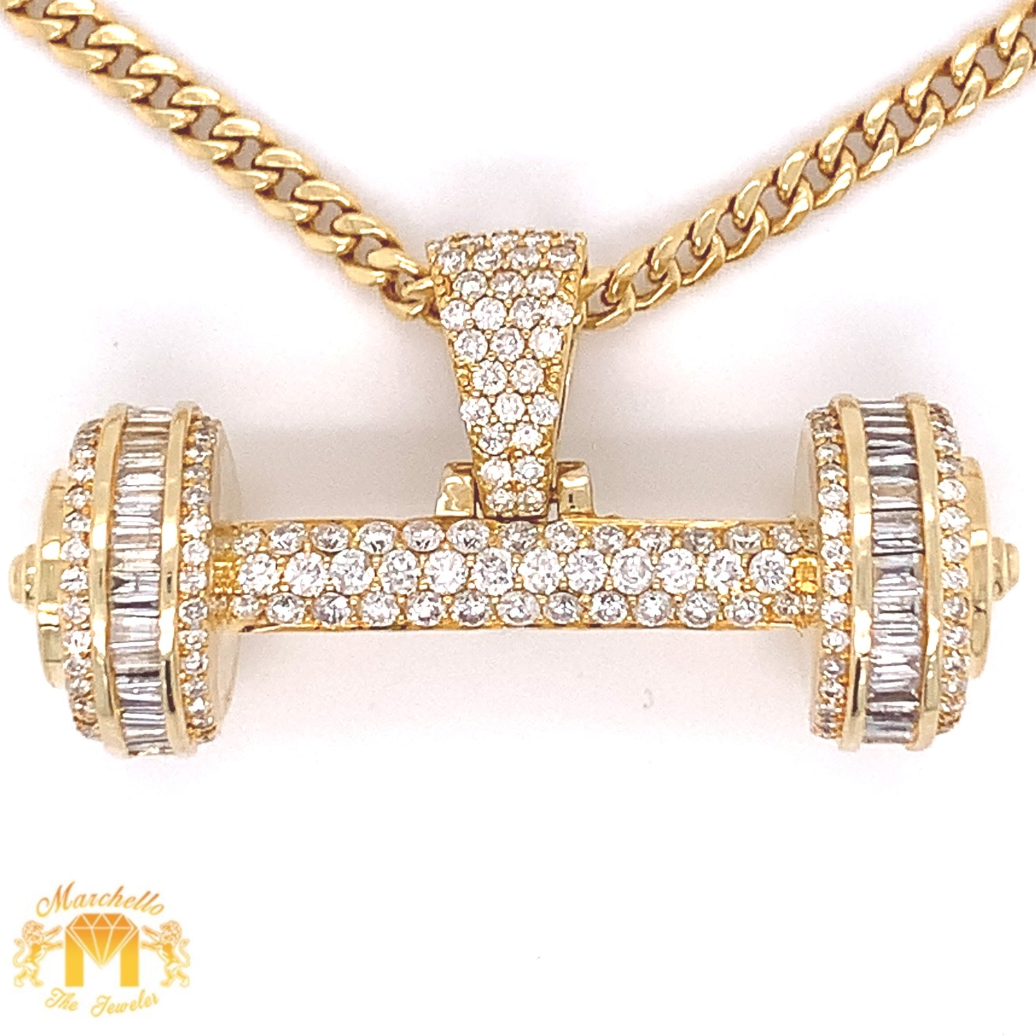 14k Yellow Gold Dumbbell Pendant with baguette and round diamonds & Gold Cuban Link Chain Set
