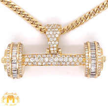 Load image into Gallery viewer, 14k Yellow Gold Dumbbell Pendant with baguette and round diamonds &amp; Gold Cuban Link Chain Set