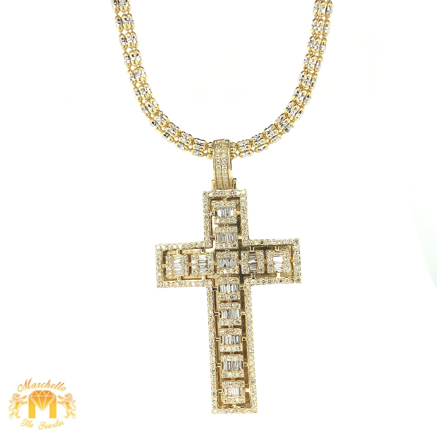 14k Gold Cross Diamond Pendant and Gold 2mm Ice Link Chain Set (choose your color)