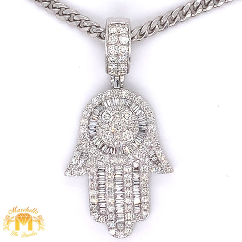 14k Gold Hamsa Diamond Pendant, Gold Cuban Link Chain (solid back)