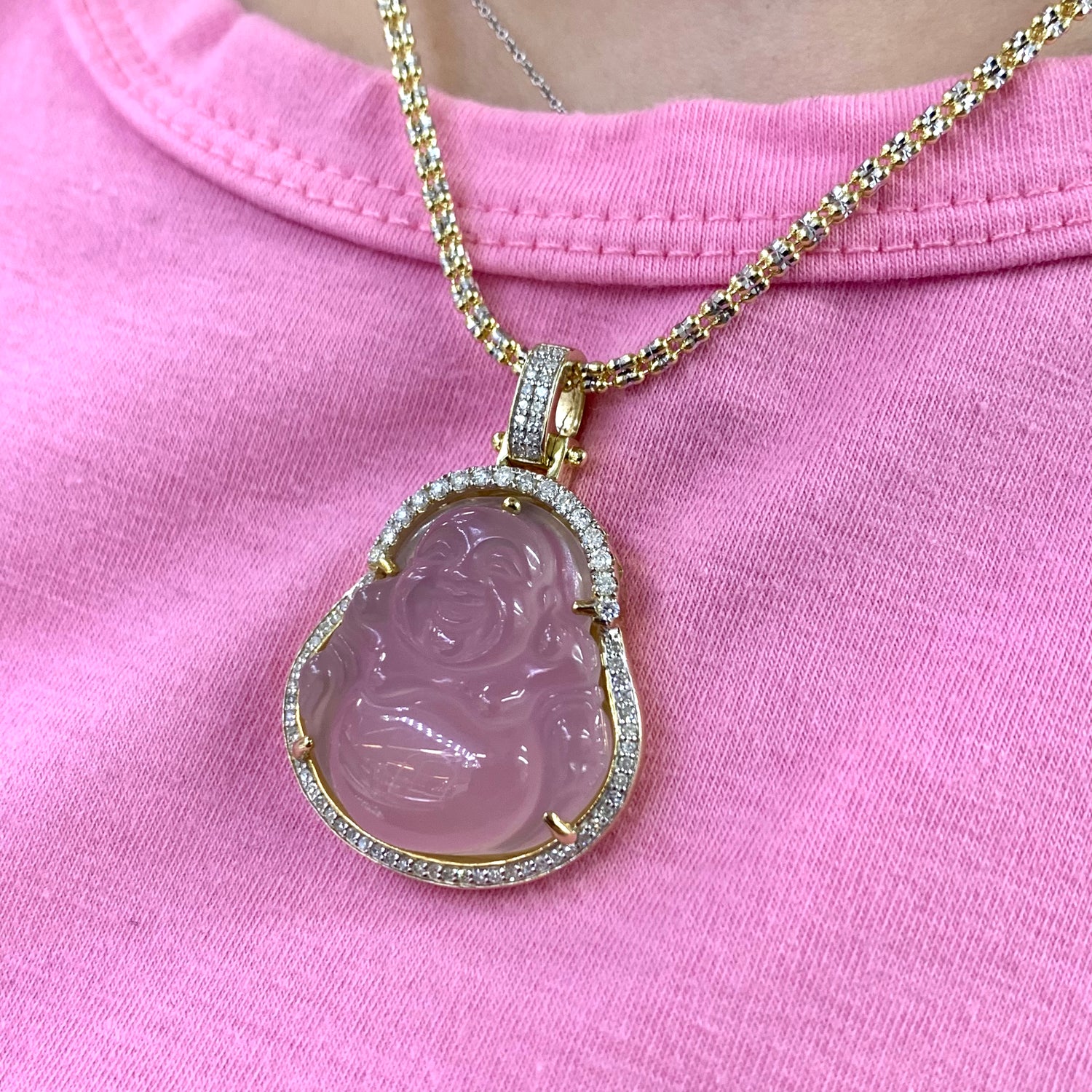 Gold and Diamond Laughing Buddha Pendant and Optional 2mm Ice Link Chain (choose your color)