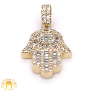 14k Gold Hamsa Diamond Pendant, Gold Cuban Link Chain (solid back)