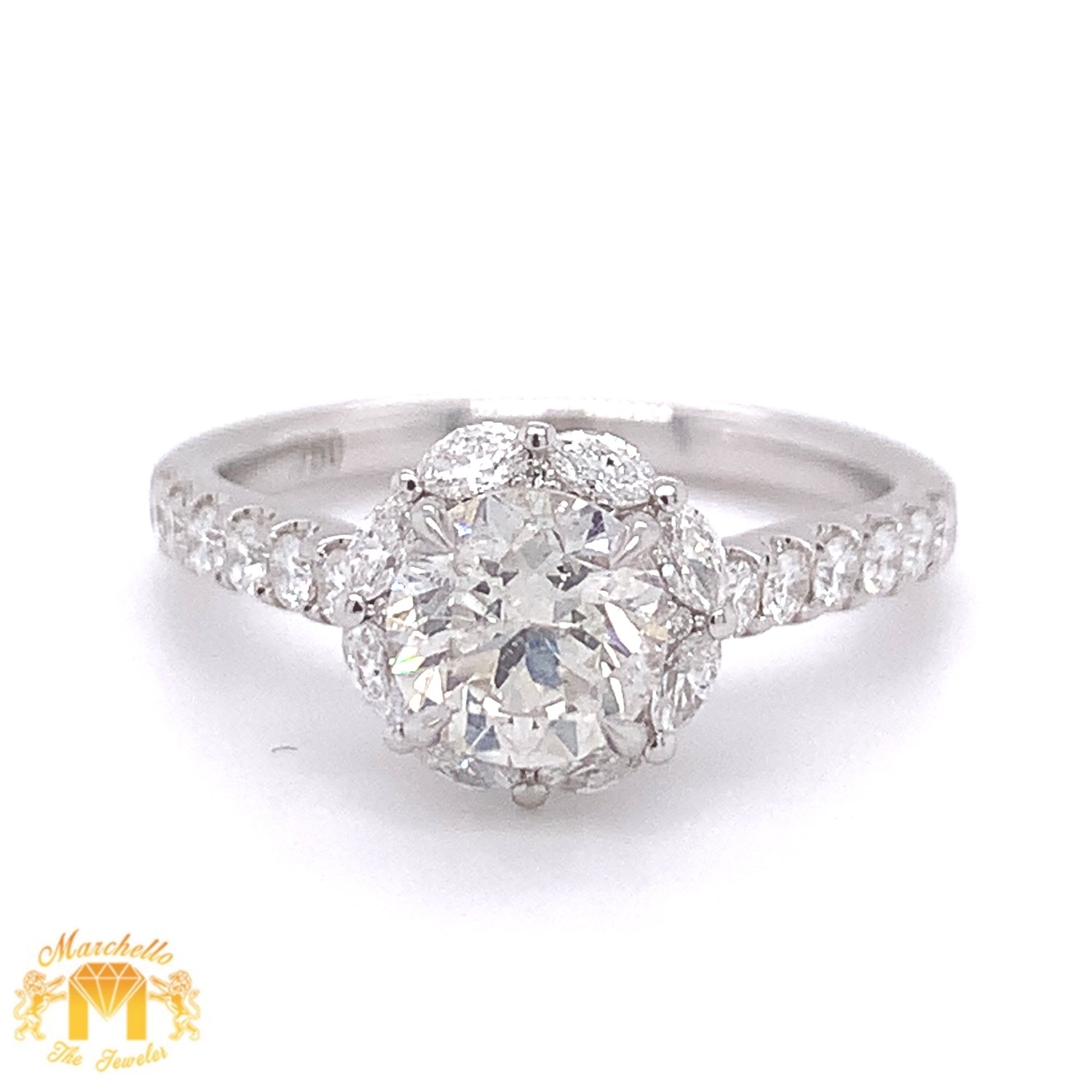 18k White Gold Engagement Ring with Round Diamond  (limited marquis halo, 1.09ct center stone)