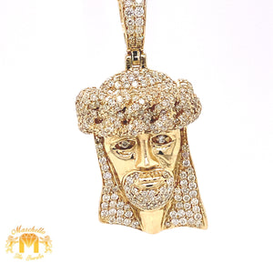 14k Gold 3D Jesus Pendant with Round Diamond and Gold Cuban Link Chain Set (solid pendant)