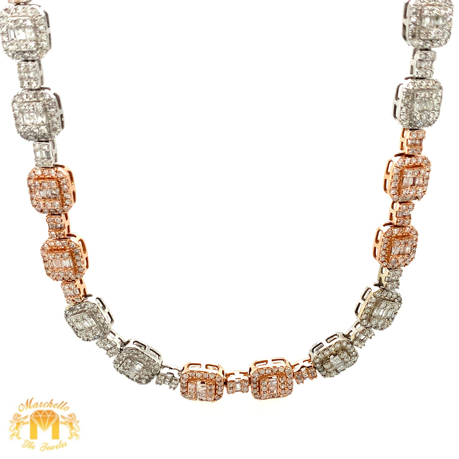 14k Gold 6mm Fancy Squares Necklace with natural baguette and round diamonds(unisex, choose your color)