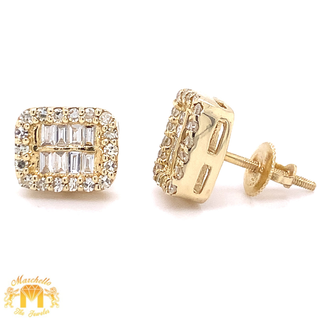Baguette and Round Diamond 14k Gold Elongated Square Earrings