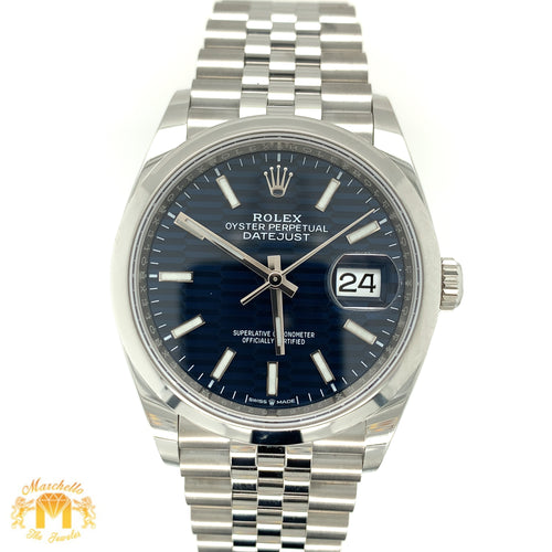 36mm Rolex Datejust Watch with Stainless Steel Jubilee Bracelet (year 2022, blue Motif dial, papers)