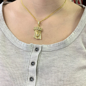 14k Gold 3D Jesus Pendant with Round Diamond and Gold Cuban Link Chain Set (solid pendant)