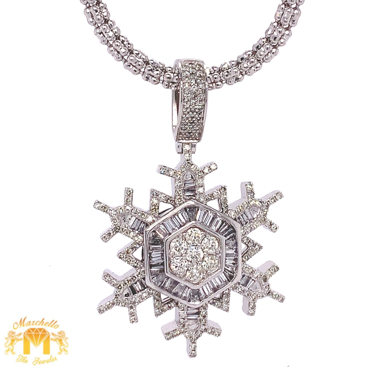 14k Gold Snowflake Pendant with baguette and round diamonds & Gold Ice ...